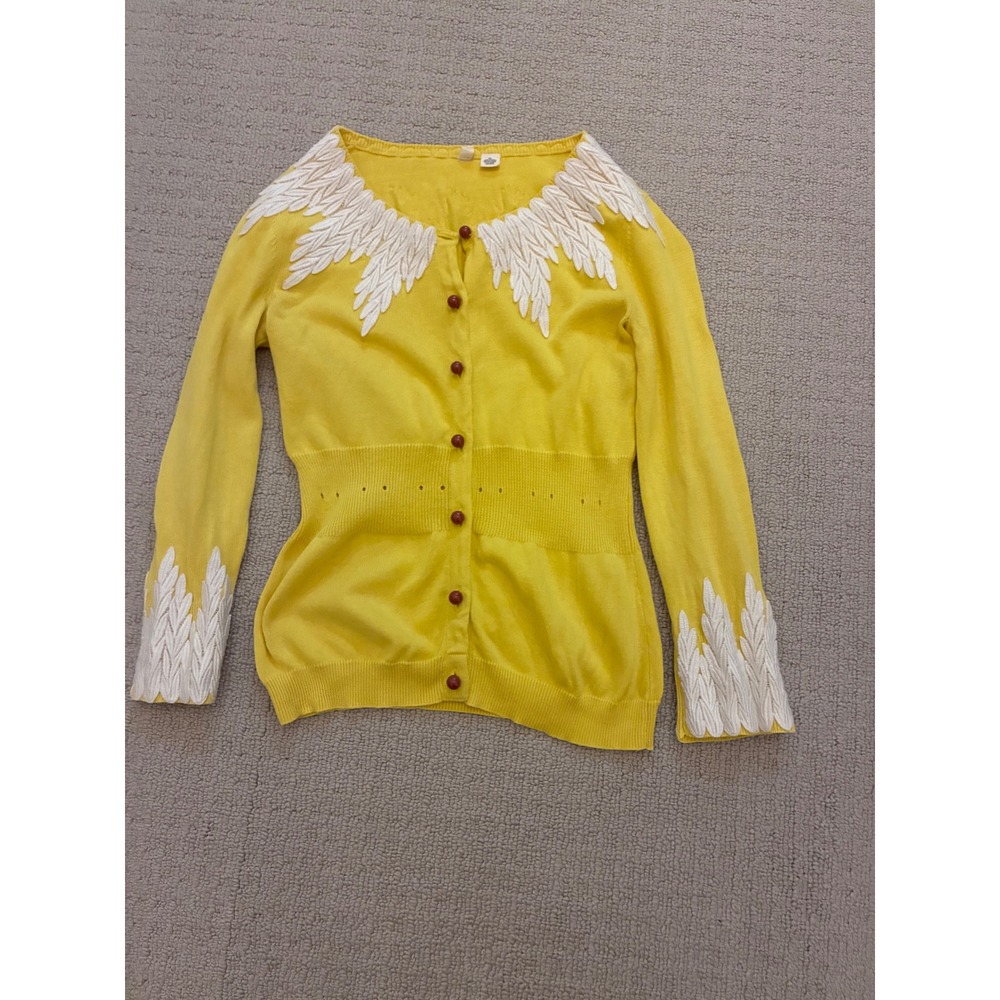 Moth Anthropologie Yellow 100% Cotton Cottagecore Cardigan Embroidered Leaf XS